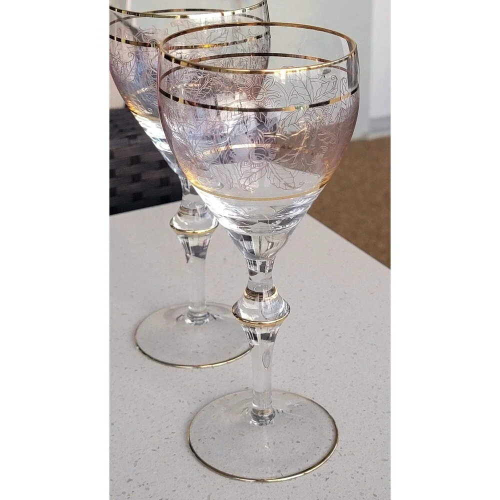 Vintage Crystal Wine Glasses Gold Etched & Banded Stemware Set/2